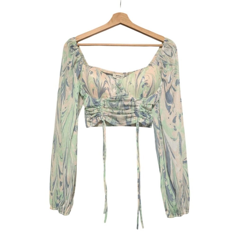Privy Women's Size M Green Blue Swirl Marble Print Long Sleeve Ruched Crop Top - Picture 3 of 10